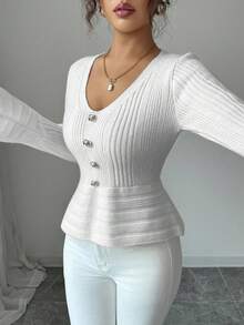 Selianne Suéter de mujer con cuello en V y mangas acampanadas de manga larga