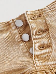 SHEIN MOD Damen Y2K Knopfverschluss Doppelrüschen Saum modische Denim Rock Hose - Khaki - Übersicht 3