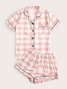 Buffalo Plaid Piping Trim PJ Set / Pajama Set Pink Pajamas  Cozy And Elegant Details - Baby Pink - View 3