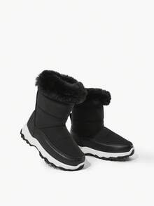 JNSQ 1双儿童/青少年黑色毛绒时尚魔术贴保暖雪地靴，舒适休闲冬季靴，适合日常穿着和运动 - 黑色 - 查看 4