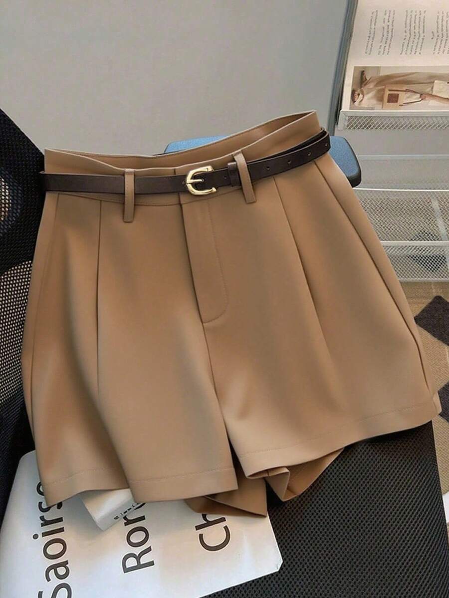 Franclia Casual Commuter Fashion Versatile Mid-High Waist With Belt Summer New Solid Color Women Shorts - Brown - View 1