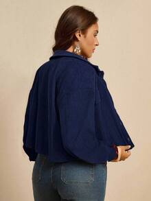 SHEIN LUNE 大码秋装女纯色简约休闲长袖夹克秋季夹克和秋季女装冬装 - 藏蓝色 - 查看 2