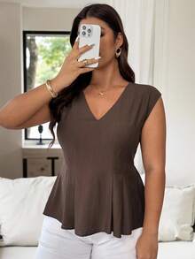 Vionelle Plus Size Women's Elegant Chic Sleeveless V-Neck Pleated A-Line Office Commute Casual Vacation Music Festival Solid Blouse