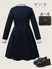 SHEIN Girls Casual Collared Waist Fit & Flare Embroidered Logo Dress, Suitable For Daily Casual Outings And School, Autumn - Navy Blue - View 2