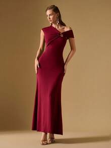Briarwyn Women's Elegant Burgundy Dress,Summer Dining Party Dress,Asymmetric Neck Metal Buckle Fishtail Fitted Evening Gown,Off The Shoulder Fall Dresses - Coffee Brown - View 3