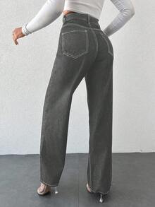 EURMUSE 女款休閒日常通勤簡約百搭高腰寬鬆直筒牛仔褲，適合嬌小女性 - 淺灰色 - 查看 2