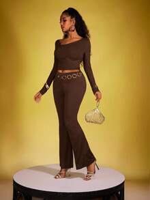 INAWLY 1 Conjunto de Top de manga larga ajustado de cuello oblicuo y pantalones acampanados sexy