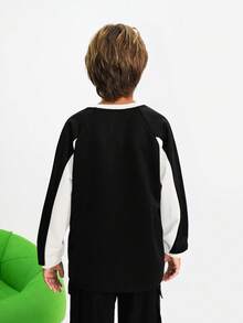 SHEIN Tween Boy Casual Patchwork Contrast Color Letter Print Round Neck Raglan Sleeve Loose Sweatshirt, Back To School Fall Winter - Black - View 2