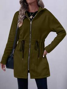 EMERY ROSE Women's Casual Vacation Drawstring Pocket Hooded Sweatshirt Lightweight Long Jacket - Army Green - View 6