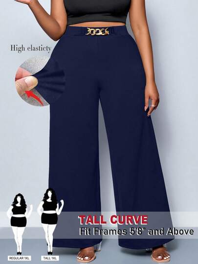 SHEIN Tall Calças largas plus size femininas, cor sólida, com fivela de metal, estilo curto, para todas as estações, festa, show, estilo diário para deslocamento, festival de música, romance, dia dos namorados, férias, primavera e verão, calças largas