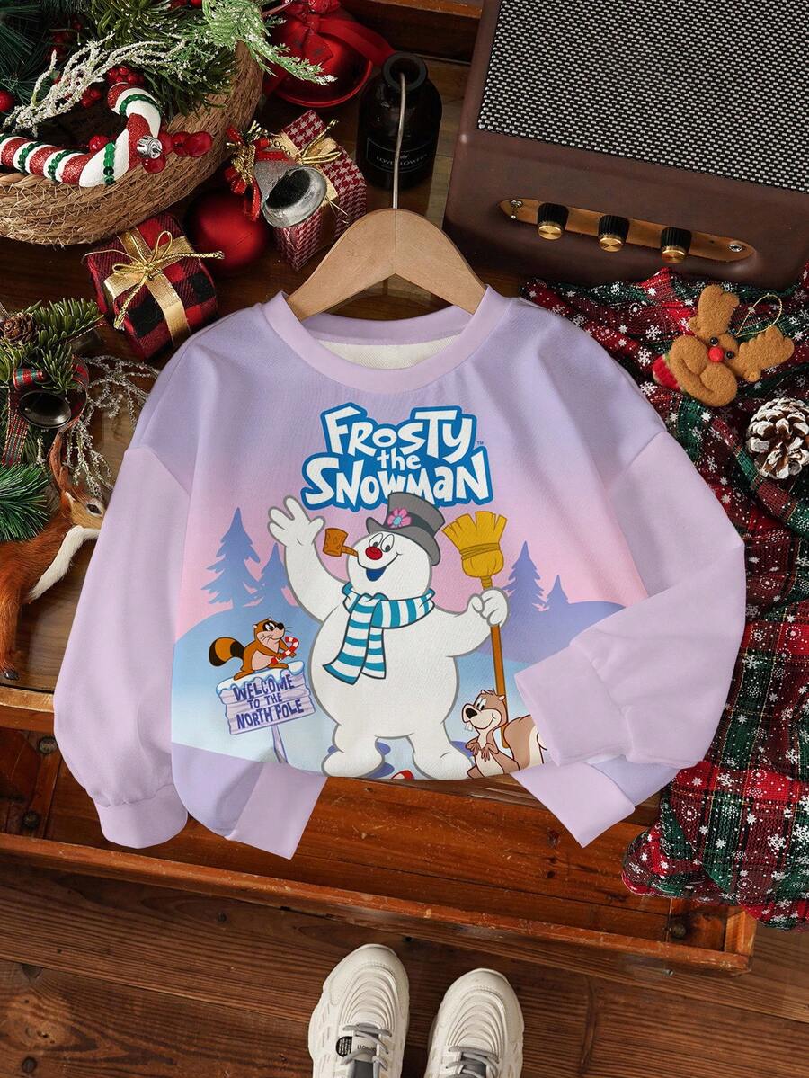 Frosty the Snowman X SHEIN 少女休闲字母与卡通图案圆领卫衣,秋冬 - 白色 - 查看 1