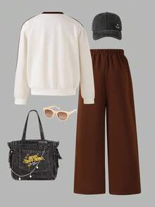 2pcs/Set Casual Teen Girl V-Neck Dropped Shoulder Short Sleeve & Wide Leg Pants, Numeric Pattern - Brown - View 2