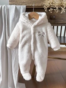 SHEIN 新生儿简约时尚可爱刺绣小猫长袖连帽连体睡衣 - 白色 - 查看 1