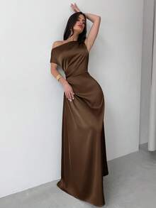 Firerie Vestido elegante asimétrico de hombro con pliegues y bajo de cola de sirena en color verde, adecuado para citas, vacaciones, bodas, eventos, regreso a la escuela, graduación, vestido de dama de honor formal