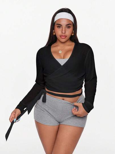 Rhythm Era Women's Lightweight Sheer Textured V-Neck Long Sleeve Cover Up With Adjustable Tie Hem, Casual Sporty Yoga Plus Size T-Shirt Curvy Gym Clothes Plus Size Athletic Short Plus Size Sportswear