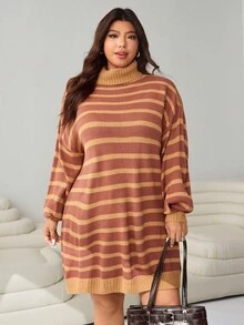 SHEIN EZwear 大码拼色条纹高领针织连衣裙，秋冬休闲装 - 彩色 - 查看 6