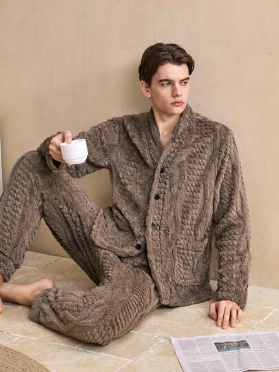 SHEIN EverLounge Plush Jacquard Long Sleeve Top & Long Pants Men Fluffy Pajama Set, Fall Winter Clothes