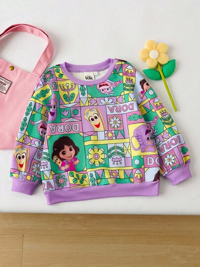 DORA | SHEIN Young Girl Cute Casual Cartoon Graphic Round Neck Loose Fit Outdoor Sports Sweatshirt
