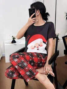 Dream Adore 2pcs Santa Claus Oversized Print Short Sleeve Top & Pants Pajama Set, Christmas - Multicolor - View 5
