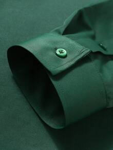 Manfinity Mode Plus Size Men Solid Color Front Button Business Casual Long Sleeve Shirt, Fall, Formal, Ceremony - Dark Green - View 5