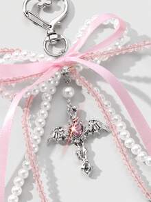 ROMWE Kawaii 1件优雅休闲手工串珠白色仿珍珠水晶粉色丝带蝴蝶结蝴蝶翅膀心形吊坠钥匙扣，适合女性日常佩戴或作为情人节礼物 - 粉色-17 - 查看 7