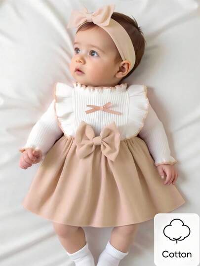 Newborn Baby Girl White Long Sleeved Lace Collar Patchwork Pink Bow Dress Autumn And Winter New Elegant Retro Cute Fabric Comfortable