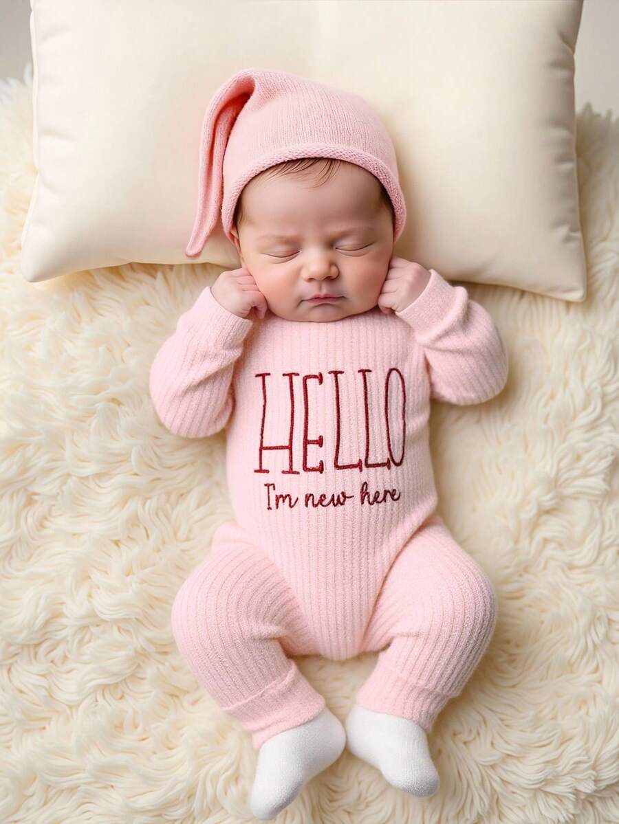 SHEIN New Born Photography Outfits Baby Boys Girls "HELLO" Embroidery Jumpsuit And Hat 2pcs Set, Infant 1 Month 100 Days Photo Studio Shooting Props Fall Winter