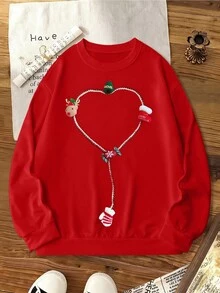 Glissea Sudadera casual de mujer con cuello redondo, diseño minimalista y versátil, de corte holgado con decoración navideña en forma de corazón, para otoño/invierno - Rojo - Ver 5