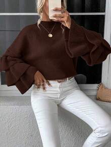 EMERY ROSE Women's Solid Color Round Neck Drop Shoulder Long Sleeve Ruffle Hem Loose Sweater, Autumn/Winter