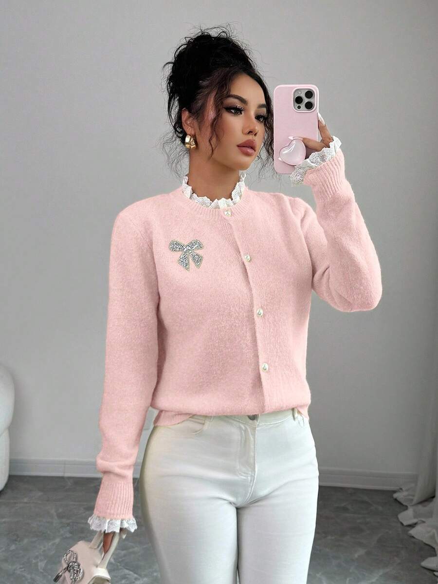 Elenzga Women's Elegant Lace Patchwork Cardigan, Autumn/Winter, Button Bow Rhinestone Cute Party Colorblock Christmas New Year Knit Pullover Sweater - Pink - View 1