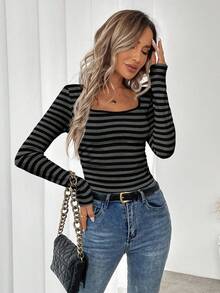 SHEIN LUNE Women's Striped Square Neck Long Sleeve Casual Versatile T-Shirt Striped Top Square Neck Tops - Dark Grey - View 5