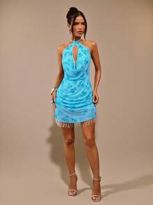 SHEIN BAE Váy ngắn thêu sequin hở lưng cổ xếp màu xanh lam, váy ngắn sequin tua rua, váy mùa hè đi biển - Màu xanh lam - Xem 8