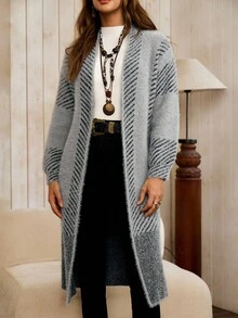 LanaWest Striped Pattern Casual Versatile Long Sleeve Knit Cardigan - Light Grey - View 3