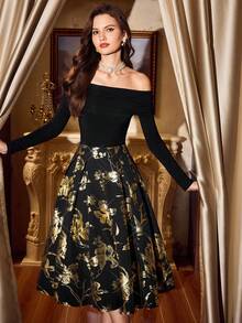 Vintamour 复古优雅花卉金箔装饰节日派对半身裙，适合女士冬季、秋季、圣诞节派对，优雅女士派对礼服，闪亮黑色半身裙 - 黑色 - 查看 6