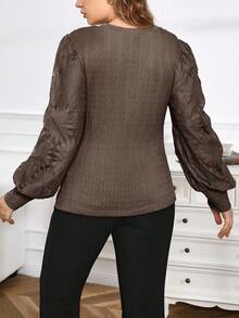 SHEIN Privé Elegant Lace Patchwork Plus Size Women Round Neck T-Shirt/Fall/Winter Brown Long Sleeve Top Brown Top Dark Brown Top Brown Blouse Lantern Sleeve Top