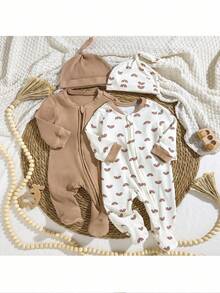 Loomiva Newborn Baby Girl Graphic Soft Knitted Round Neck Long Sleeve Jumpsuit 3-Piece Set Cartoon