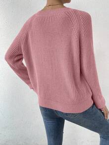 SHEIN LUNE Women's Casual Everyday Commute Simple Solid V-Neck Raglan Sleeve Ribbed Knit Pullover Sweater, Autumn/Winter - Pink - View 2