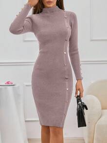 EURMUSE Vestido de suéter con cuello alto y botones delanteros sin cinturón - Rosa vieja - Ver 6