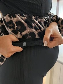 SHEIN 2件套孕妇豹纹拼布哺乳衬衫和喇叭裤套装 - 黑色 - 查看 6