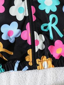 Girl's Casual All-Match Hooded Jacket In Dark Blue With Lovely Hand-Painted Colorful Flower Pattern, Zipper Front, Suitable For Home, Daily Wear, Fall And Winter, Windproof And Rainproof, Ideal For Ou