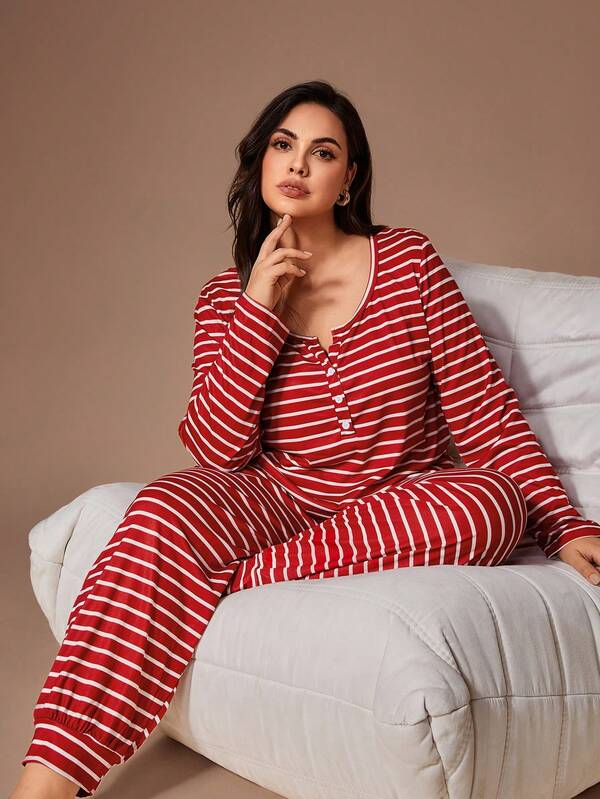 Lazeform Conjunto de pijama de pantalón y blusa de manga larga con botones delanteros y estampado de rayas para mujer de talla grande, ropa cómoda para otoño e invierno