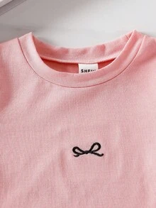 SHEIN 2pcs Baby Girls Elegant Fitted Bow Decor Round Neck Long Sleeve Top And Jacquard Butterfly Straight Leg Pants Set, Spring/Autumn - Pink - View 7