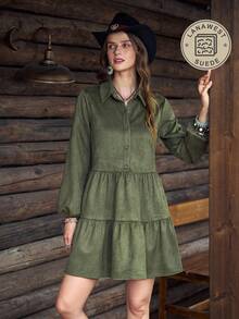 LanaWest Women's Western Bohemian Style Military Green Lapel Single-Breasted Half-Placket Loose Long Sleeve Niche Design Layered Hem Casual Vacation Mini Shirt Dress - Army Green - View 4