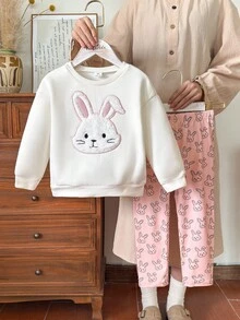 Vintaside Kids 2pcs/Set Young Girl Casual Fashion Versatile Cute Embroidery Crew Neck Long Sleeve Fleece Sweatshirt And Full Print Rabbit Pattern Pants Set, Autumn Fall Winter