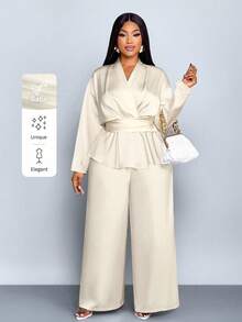 SOLERSUN Ensemble femme grande taille, couleur unie, élégant, col V, manches longues, satin, ourlet asymétrique chemise et pantalon droit jambe large, élégant, deux pièces, décontracté, ample, polyvalent pour tous les jours