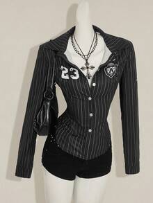 SHEIN ICON 女式黑白条纹长袖运动衫，数字印花短款衬衫，修身学院风夏季衬衫 - 黑色 - 查看 4