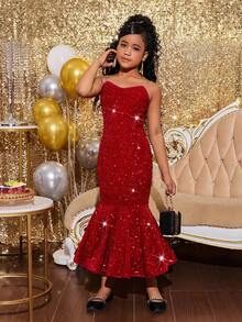 SHEIN 少女亮片无肩带美人鱼长裙，适合万圣节、圣诞节、新年派对 - 紅色 - 查看 6