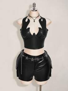 SHEIN ICON Plus Size PU Flame Print Top, Carnival Costume, Party Wear, Halloween Outfit