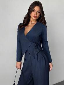 Firerie Elegantes, minimalistisches Damen-Wickelkragen-Ärmellos-Weste + Hochtaillierte, plissierte Weite Bein Hose Anzug, Büro-Pendler-Outfit, Damen Lange Hose Langarm Anzug, Navy Blau Hosenanzug, Frühling Herbst Winter Bekleidung, Elegant, Pendler, Arbeitsoutfit, Damen Lehrerin Uniform