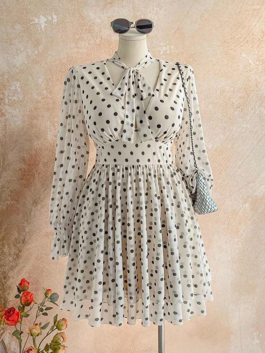Dreamara Plus Size Women's White Polka Dot Mesh Print V-Neck Flare Sleeve A-Line Dress, Suitable For Autumn/Winter - Black and White - View 1
